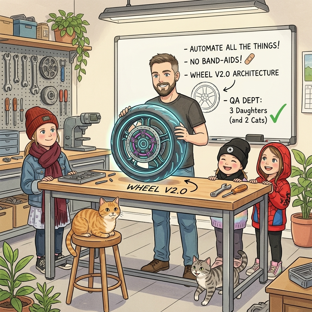 Illustration of Benjamin in a workshop with his daughters, two cats, and a whiteboard about automation, no band-aids, and Wheel v2 architecture.